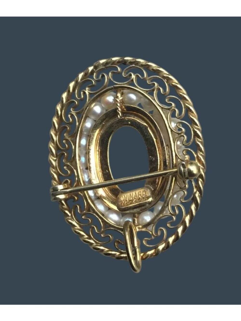 Winard Brooch 1/20 12KGF Scarab Jade Seed Pearl Filigree Pin Pendant Vintage - Picture 5 of 6